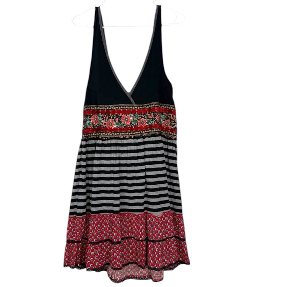 Free People Black Grey and Red Striped Floral Sleeveless Dress Size 12